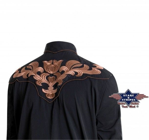 Stars & Stripes mens western black shirt with ochre embroidery