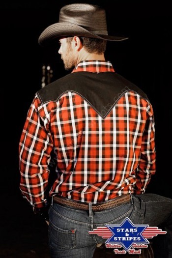 Mens Stars & Stripes red and black plaid long sleeve western shirt with black yoke