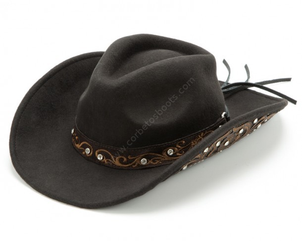 50-KARA | Sombrero cowboy marrón cinta bordada y alas decoradas con cristales