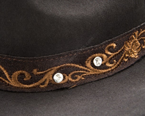 Ladies western hat with brim decorated with cristals and leather
