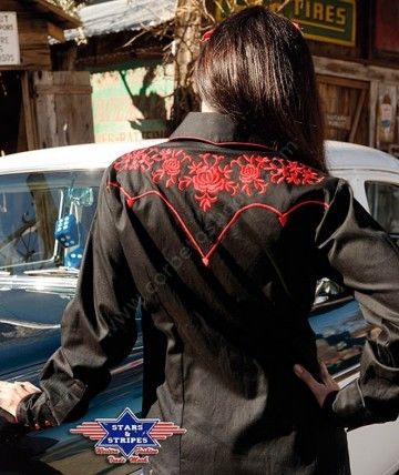 50-KATY Black | Camisa western negra Stars & Stripes para mujer con flores bordadas