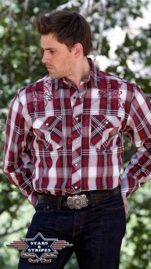 50-KEVIN | Stars & Stripes mens red and white checkered western shirt with embroideries