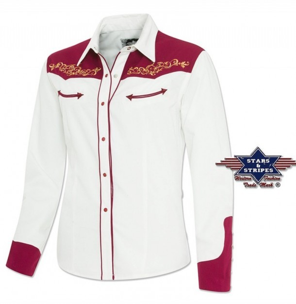 LUCIA | We ship worldwide your purchase: a great white western Stars & Stripes shirt for ladies with burgundy colour cuffs and golden embroidery.