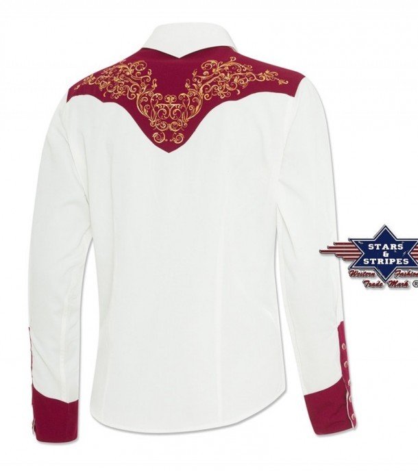 LUCIA | Puedes comprar desde casa en nuestra tienda online esta camisa blanca cowboy para mujer con hombros y puños color burdeos y bordados.