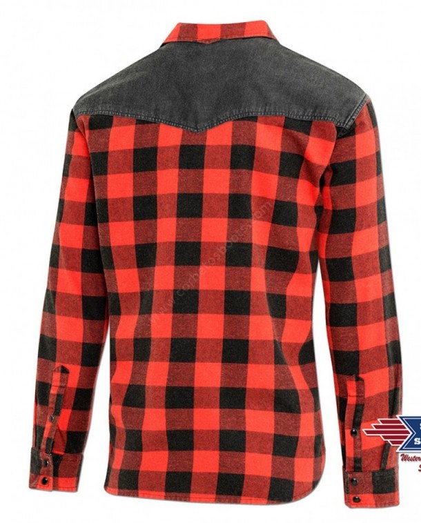 LUMBERJACK | Compra en nuestra tienda online esta camisa de franela para hombre Stars & Stripes a cuadros rojos y negros con detalles en denim.