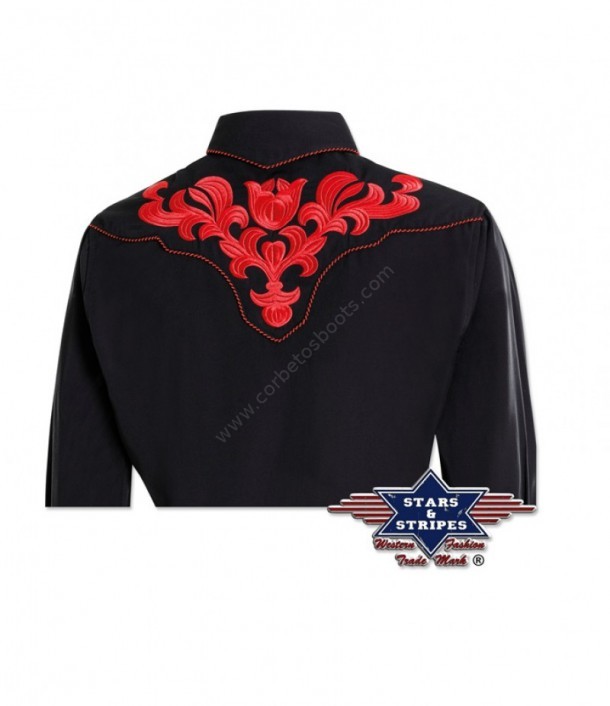 Camisa country para mujer color negro con bordados rojos