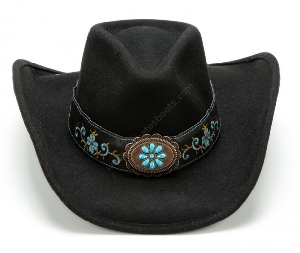 Sombrero cowgirl fieltro de lana negra con decoraciones color turquesa