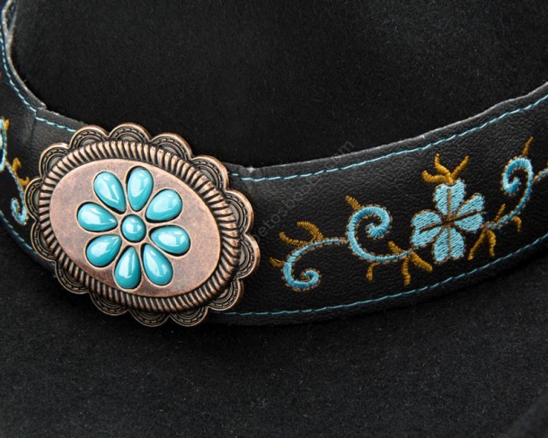 Black wool felt cowgirl hat with turquoise embroideries