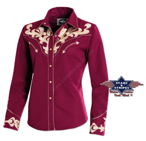 The newest trendy cowboy shirts are at our online store, buy now this burgundy ladies Stars & Stripes shirt with an incredible golden embroidery.