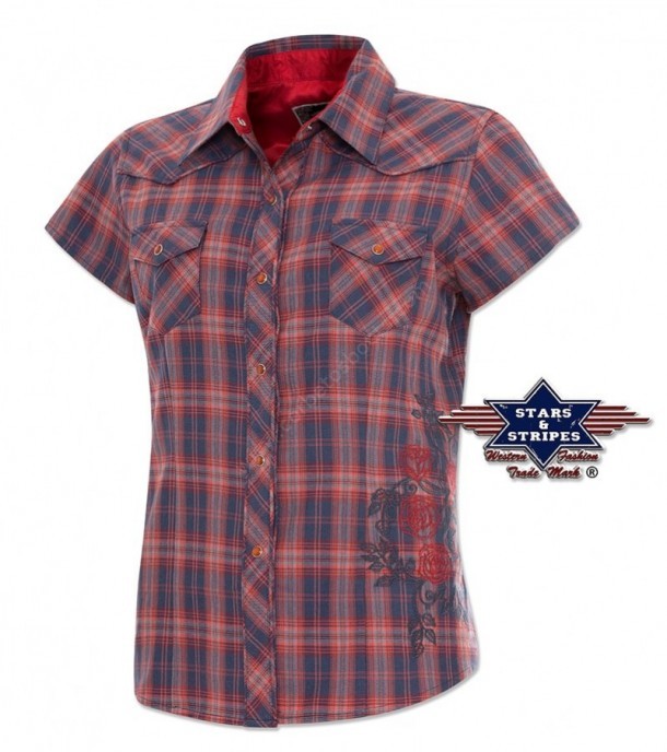 SEDONA | Buy from a huge variety of western blouses and shirts this Stars & Stripes women red & blue checkered model with a big flower stitching.