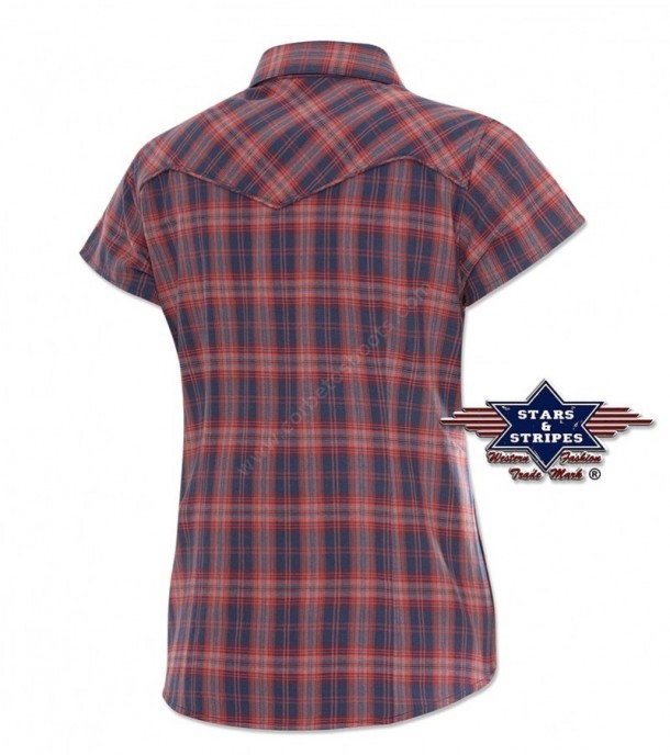 SEDONA | Buy from a huge variety of western blouses and shirts this Stars & Stripes women red & blue checkered model with a big flower stitching.