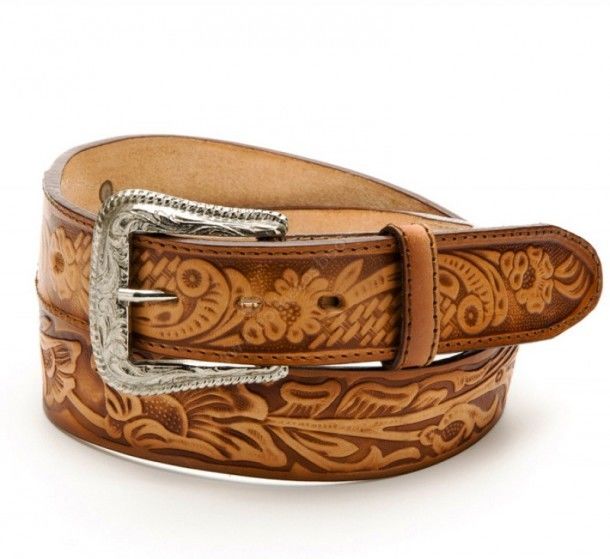 Stars & Stripes cowboy style natural color embossed flowers leather belt