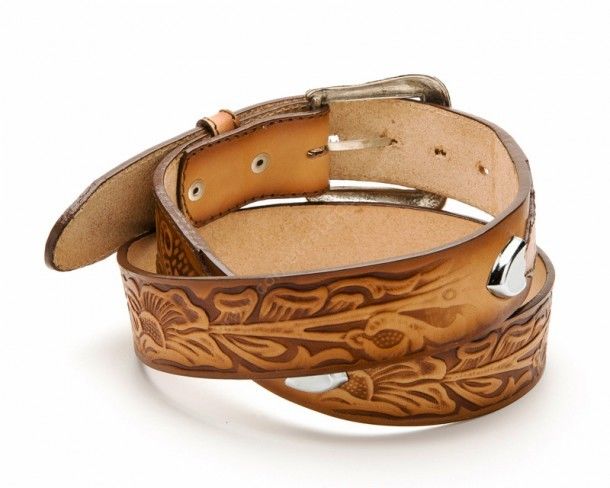 Stars & Stripes cowboy style natural color embossed flowers leather belt