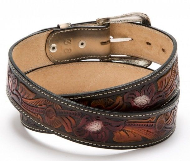 Unisex multicolor cowide western style belt with embossed flower filigrees