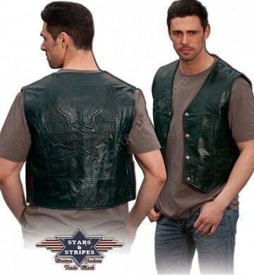 50-WING Black | Stars & Stripes mens black leather waistcoat with embosed eagle