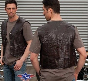 50-WING Brown | Stars & Stripes mens brown leather vest with embossed  eagle