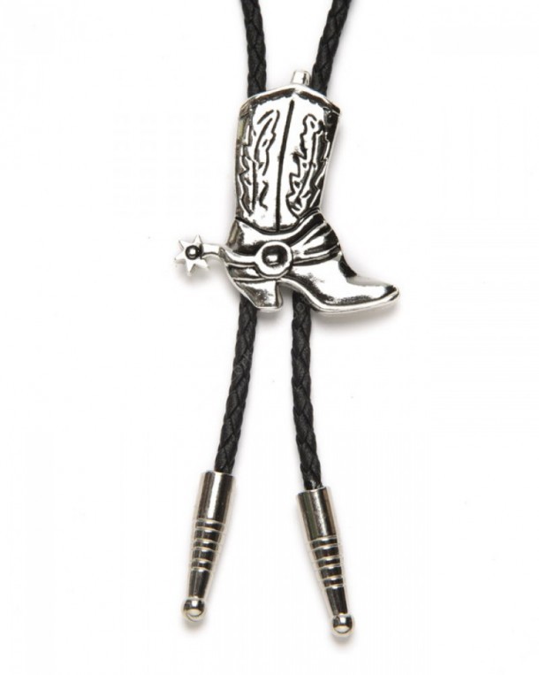 Silver metal cowboy boot bolo tie for western shirt 