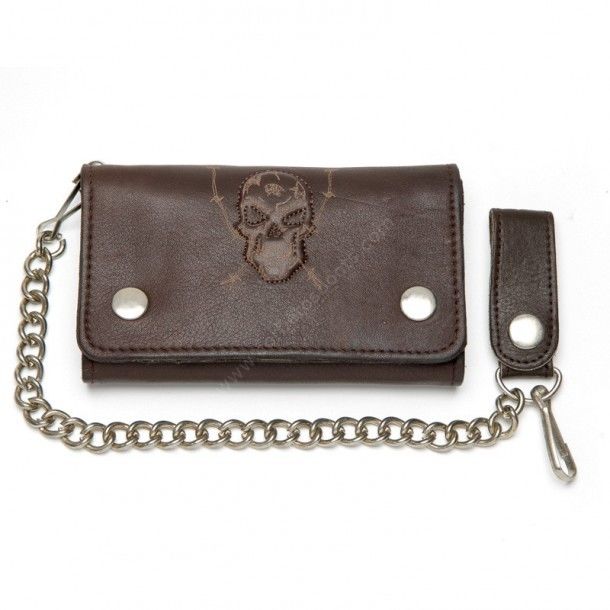 51-2371 Brown | Brown leather biker style chain wallet with embossed skull