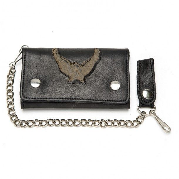 52-2372 Black | Black leather biker style chain wallet with embossed eagle