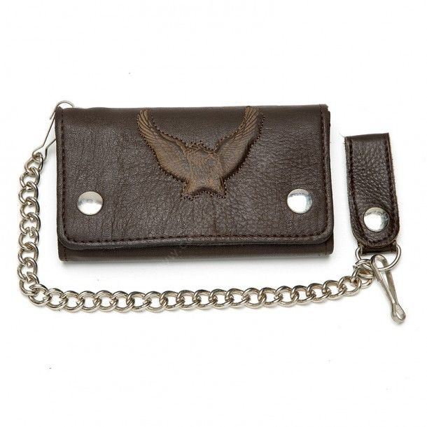 51-2372 Brown | Brown leather biker style chain wallet with embossed eagle