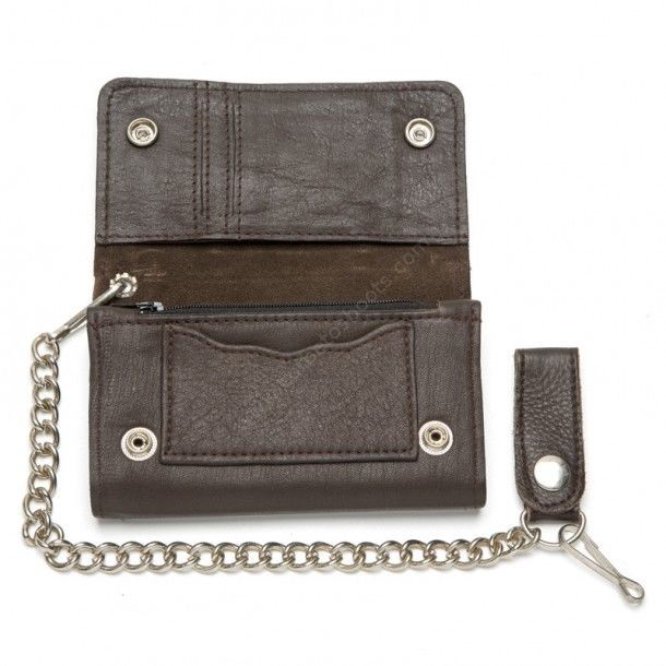 Buy now this custom style basic genuine brown cow leather chain wallet with a lot of spaces between other biker wallets at our online shop.
