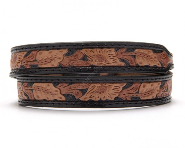 Western black leather hat band with embossed floral design