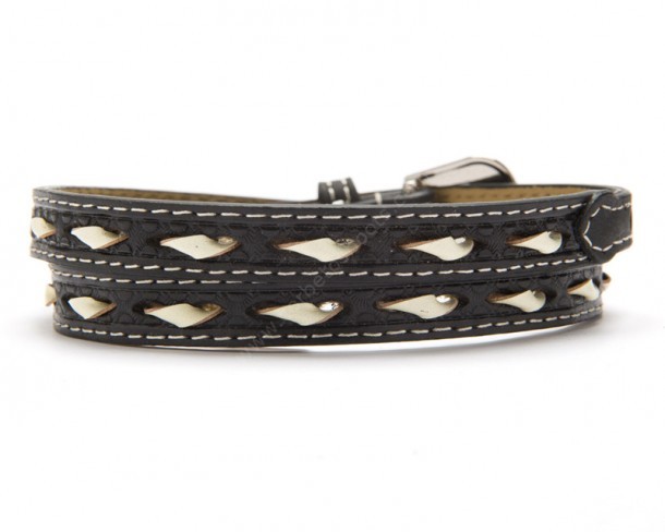 Rawhide black leather hat band with weaved ivory lacing