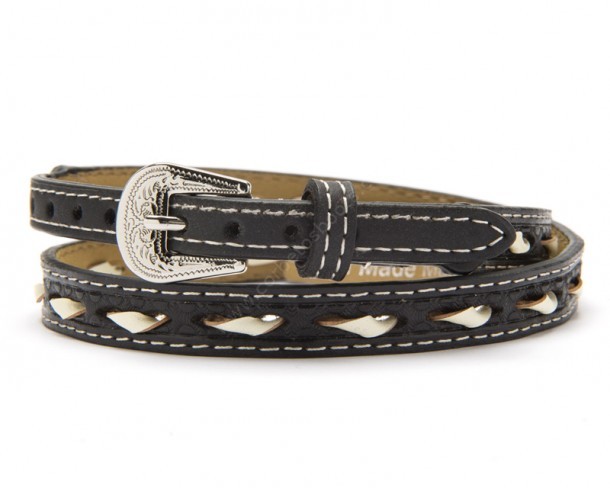 Rawhide black leather hat band with weaved ivory lacing