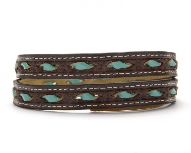 Rawhide brown leather hat band with weaved turquoise blue lacing