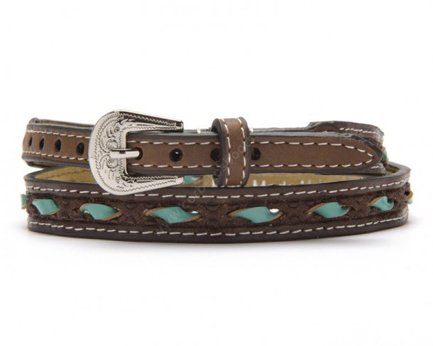 Rawhide brown leather hat band with weaved turquoise blue lacing