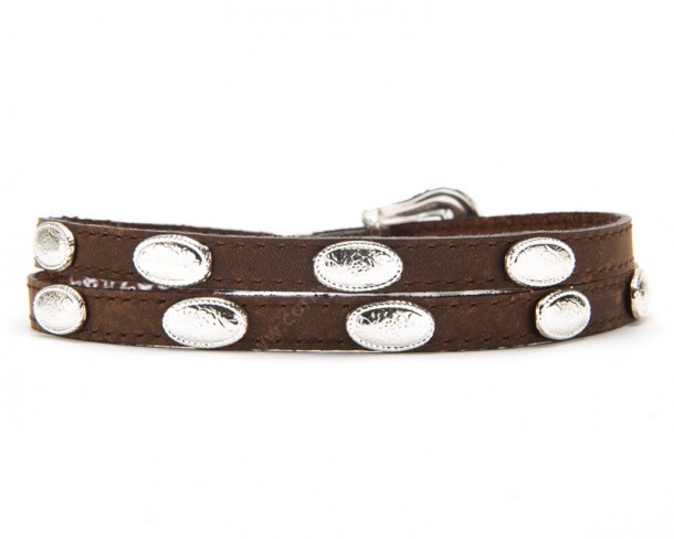 Narrow width brown hat band with shiny engraved conchos