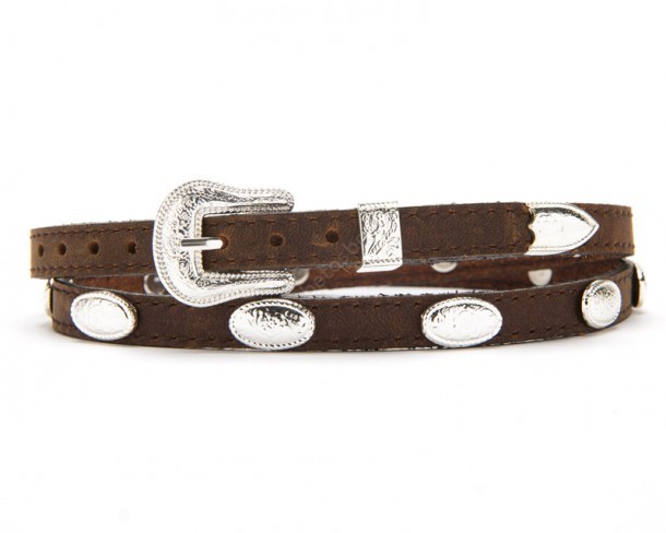 Narrow width brown hat band with shiny engraved conchos