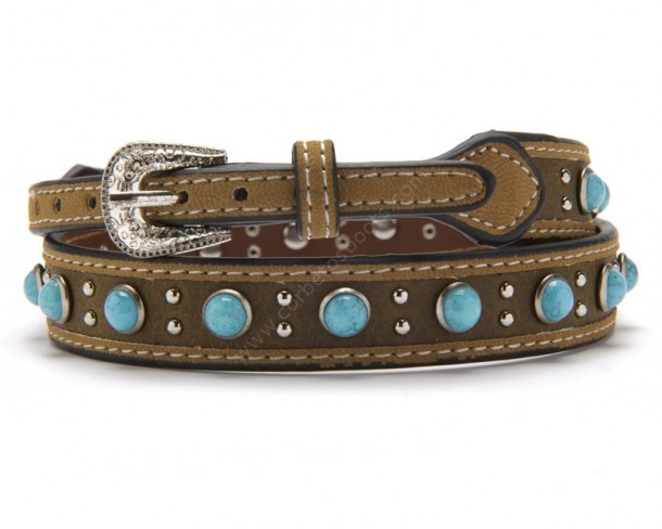 Buy online this adjustable western hatband made with brown leather with rounded blue turquoise beads.