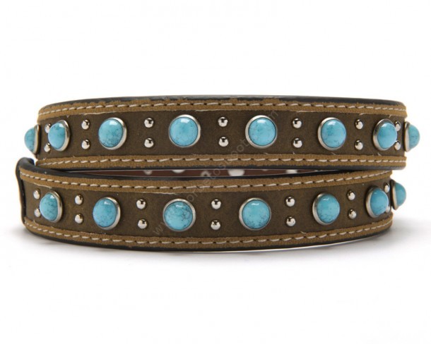This light brown leather hat band with turquoise color stones will make your hat look nicer than ever