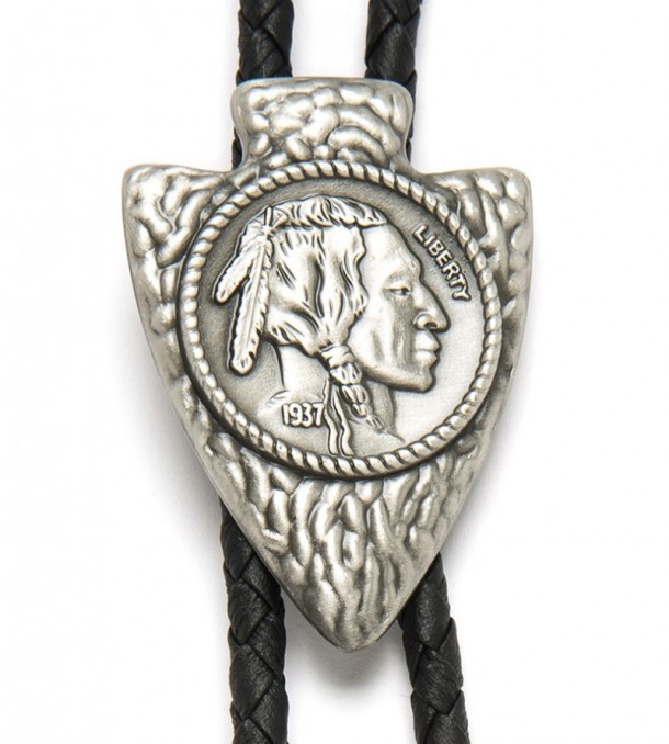 Arrowhead pewter western bolo tie with Native American coin