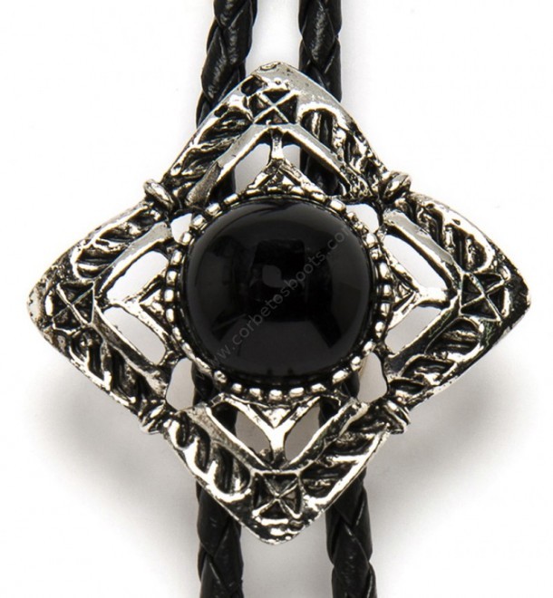 Openwork diamond shape engraved bolo tie with black rounded stone