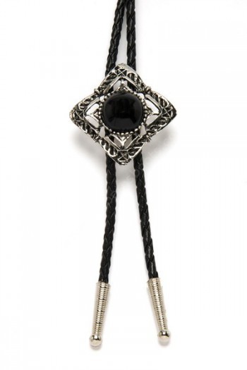 Openwork diamond shape engraved bolo tie with black rounded stone