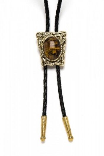 Golden metal engraved bolo tie with shiny stone