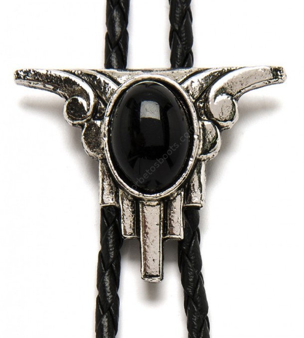 You can buy at our specialized cowboy online shop this chromed western style bolo tie for shirt made with and embedded shiny black oval stone.