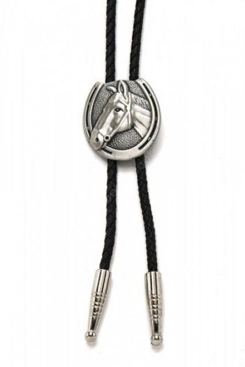 Distressed metal horseshoe and horse head American style bolo tie