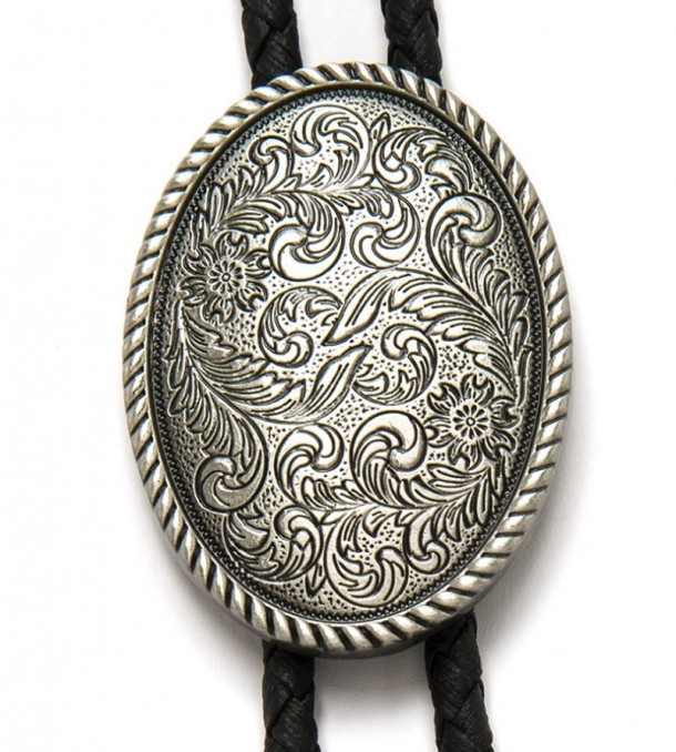Buy at our specialized western online shop this matt oval shape cowboy bolo tie for men & women with engraved floral filigrees for your shirt.