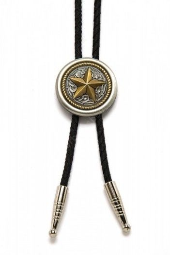 Buy and wear this awesome unisex western embossed golden star with engraved background rounded metal bolo tie with metal tips at our store.