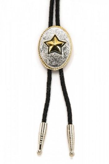 Buy this embossed filigree silver metal bolo tie with a golden star at the center. All essential cowboy accessories are available at our online shop.