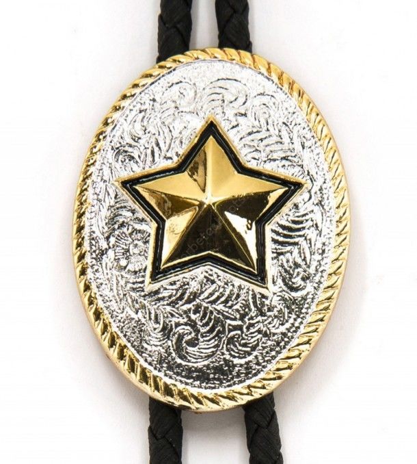 Buy this embossed filigree silver metal bolo tie with a golden star at the center. All essential cowboy accessories are available at our online shop.
