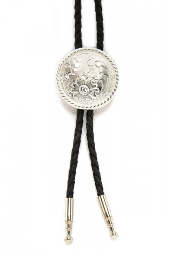 Buy at our specialized western online shop this rounded shiny shirt bolo tie for men & women made with silver look metal and filigree engraved.