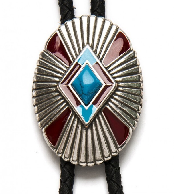 Buy now at our specialized online western & cowboy store this Native American style bolo tie with a rhombus blue stone and red / turquoise enamel.