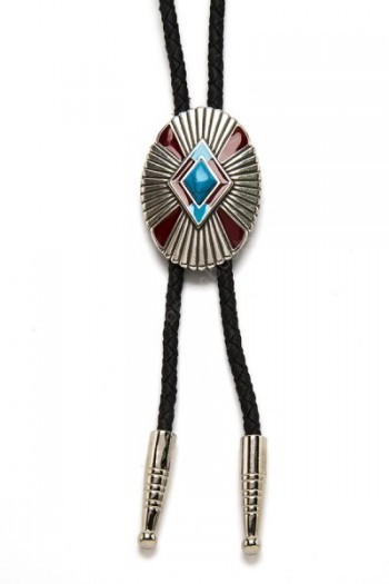 Buy now at our specialized online western & cowboy store this Native American style bolo tie with a rhombus blue stone and red / turquoise enamel.