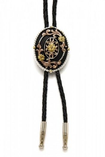 Buy at our online store this black enamel metal made western bolo tie for men & women with some impressive embossed golden & copper filigrees.