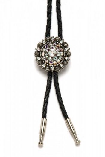 Buy right now at our cowgirl online store this floral bolo tie for ladies with shiny rhinestiones, perfect to mix with a western belt or shirt.