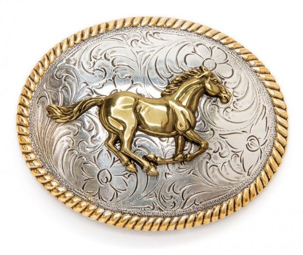 Hebilla vaquera ovalada para cinturón caballo dorado galopante